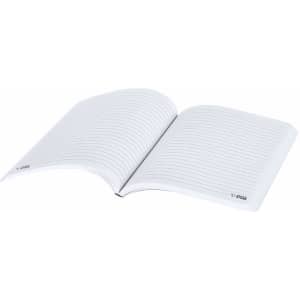 A notepad with lined pages, featuring a soft cover in white and showcasing an open layout. It includes a logo on the cover.