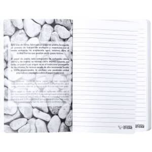 A notepad featuring a stone paper cover with a white interior and lined pages. It has a logo on the cover.