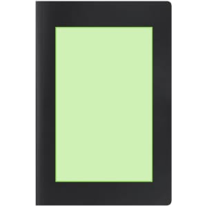 A notepad with a black cover and a pale green interior, featuring a branding logo on the front.