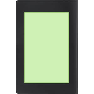 A black notepad with a light green inner cover and a blank exterior, featuring a logo in the corner.
