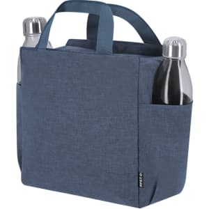 A blue cooler bag with two drink bottles in side pockets and a sturdy handle, featuring a branded logo.
