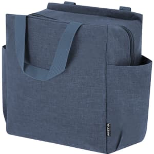 A navy cooler bag with two short handles and a side pocket, featuring a zip closure and branding.