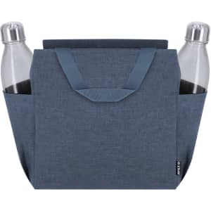 A cooler bag in navy blue featuring two drink bottles in its side pockets. The bag has sturdy handles and a simple design.