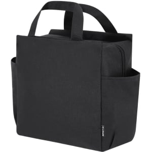 A black cooler bag with dual handles and side pockets, designed for carrying beverages and food items.