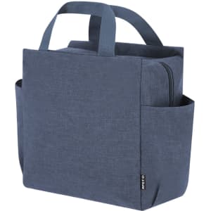 A cooler bag in navy blue with a zipped compartment and side pockets, featuring a logo.
