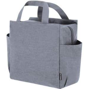 A grey cooler bag with a zippered main compartment and side pockets, featuring a handle and branding.
