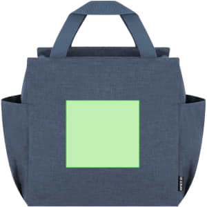 A cooler bag in navy blue with a green square section and side pockets. It features sturdy straps and a logo.