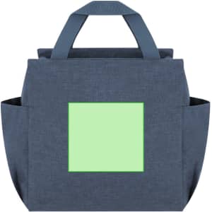 A dark blue cooler bag with a square area in a light green colour, featuring two side pockets and sturdy handles.