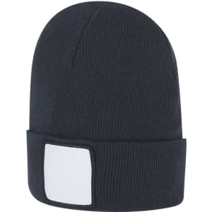 A navy blue beanie with a ribbed texture and a blank white patch for customisation.
