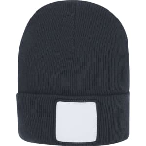 A navy blue beanie with a ribbed texture and a blank patch for branding.