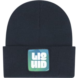 A navy beanie featuring a square logo on the front. Soft, knitted fabric for warmth.