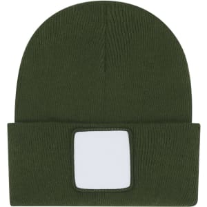 A green beanie with a folded cuff and a blank patch for branding.