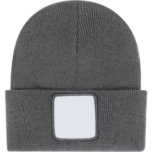 A grey beanie hat with a fold-over cuff and a blank patch for branding.