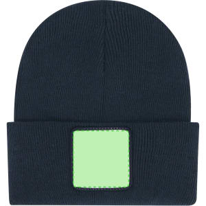 A navy beanie featuring a square patch, suitable for branding.