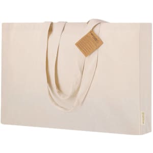 A cream tote bag with long handles and a tag; features a logo on the side. Suitable for various uses.