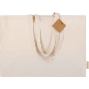A cream tote bag with long handles, featuring a tag and a logo on the side.