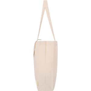 A beige tote bag with a single strap and a logo, featuring a simple and modern design.