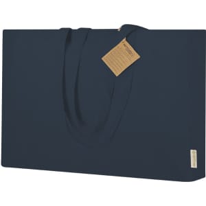 A navy tote bag with two handles and a tag, featuring a simple design and a logo.