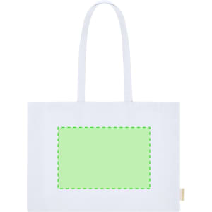 A white tote bag with long handles and a blank green area for custom designs. It features a branding logo.