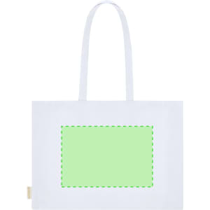 A white tote bag with long handles and a blank area for custom design, featuring a logo on one side.