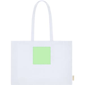 A white tote bag with sturdy handles, featuring a blank green square on the front and a branding label.