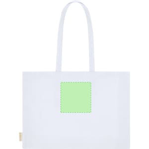 A white tote bag with two handles and a square green area for branding or customization.