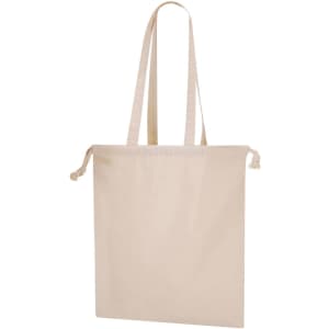 A beige tote bag with long handles and a drawstring closure. It features a logo but no text or badges.