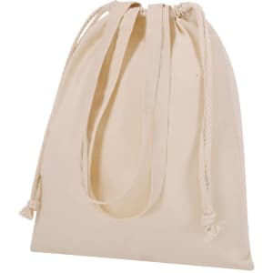 A cream-coloured tote bag with a drawstring closure and two handles. It features a logo.