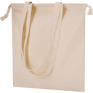 A cream-coloured tote bag with two handles and a simple design, featuring a logo.
