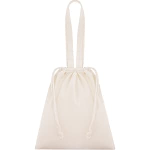 A cream tote bag with a drawstring closure and two straps. The bag has a simple, minimalist design.