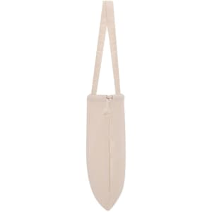 A light beige tote bag with a long strap and a zip closure, featuring a simple design and a logo.