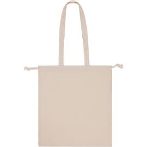 A beige tote bag with two shoulder straps and a drawstring closure, featuring a branding logo.