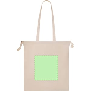 A beige tote bag with long handles and a blank green square for custom designs. It has a logo on one side.