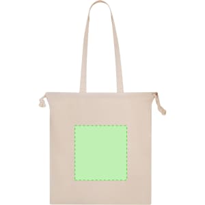 A beige tote bag with two straps and a square area outlined in green for potential branding or design.