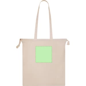 A beige tote bag featuring a square area for customisation and two sturdy handles. It has a simple design and logo.