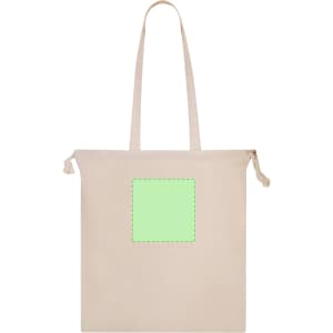 A natural canvas tote bag featuring a green accent square and equipped with two handles.