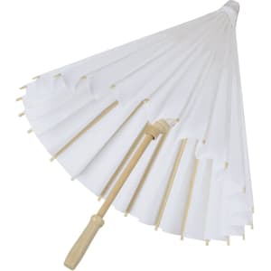 A white umbrella with a wooden handle and a curved design, featuring a simple, elegant appearance.