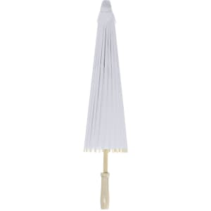 A white umbrella with a wooden handle and a branded logo.