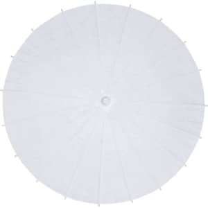 A white umbrella with a circular canopy and spokes, featuring a central hub and a branding logo.