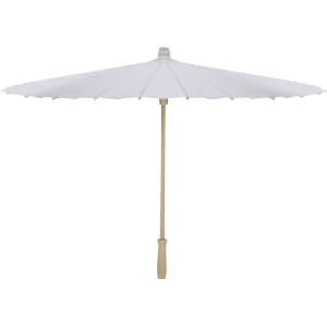 A white umbrella with a wooden pole and handle, featuring a built-in logo.