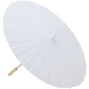 A white umbrella with a wooden handle, featuring a round shape and intricate ribbing. It has a logo on the handle.