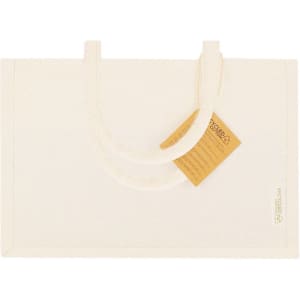 A cream-coloured tote bag with thick handles and a tag attached. The bag features a logo.