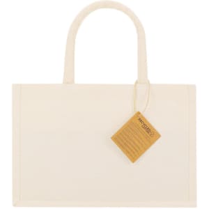 A beige tote bag with dual handles and a tag attached, featuring a simple and versatile design.