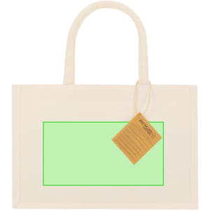 A cream tote bag with two handles and a tag attached, featuring a blank space for customisation.