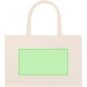 A cream tote bag with sturdy handles and a bright green rectangular design on the front.