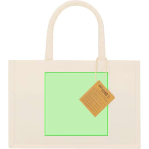 A cream tote bag with a green centre panel and a tag attached, featuring handles for easy carrying.