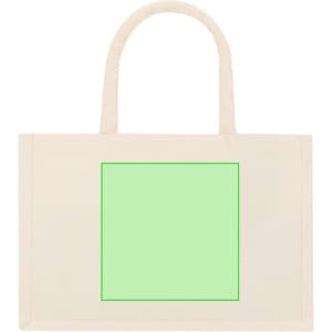 A cream tote bag with green square detailing and handles, featuring a logo.