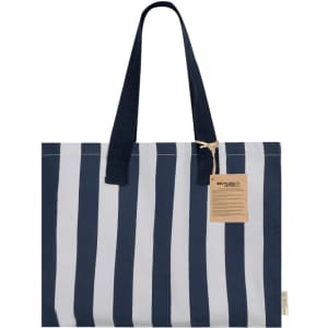 A tote bag featuring navy and white stripes with dual handles, and a tag attached.