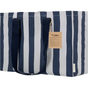 A tote bag featuring navy and white stripes with sturdy handles and a label attached.