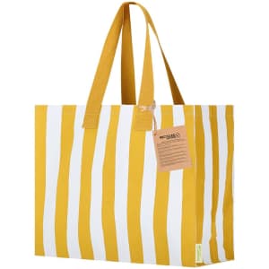 A yellow and white striped tote bag featuring sturdy handles and a tag. It has a logo on one side.